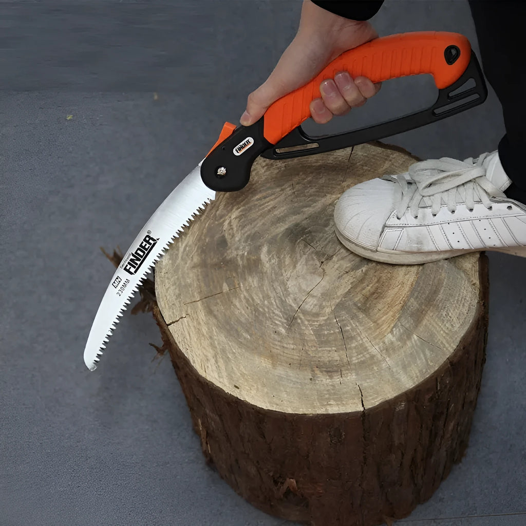 A folded garden hand saw with a TPR handle and a 230mm long metal saw blade extended.