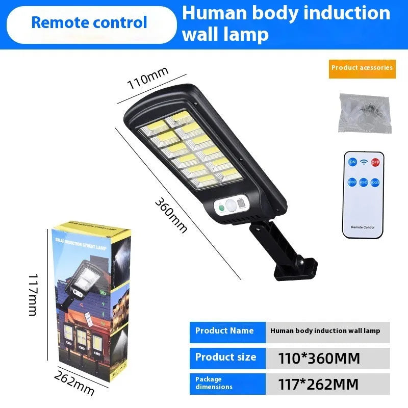 Solar induction LED outdoor wall lamp with ABS shell, 360 x 110mm size, and remote control