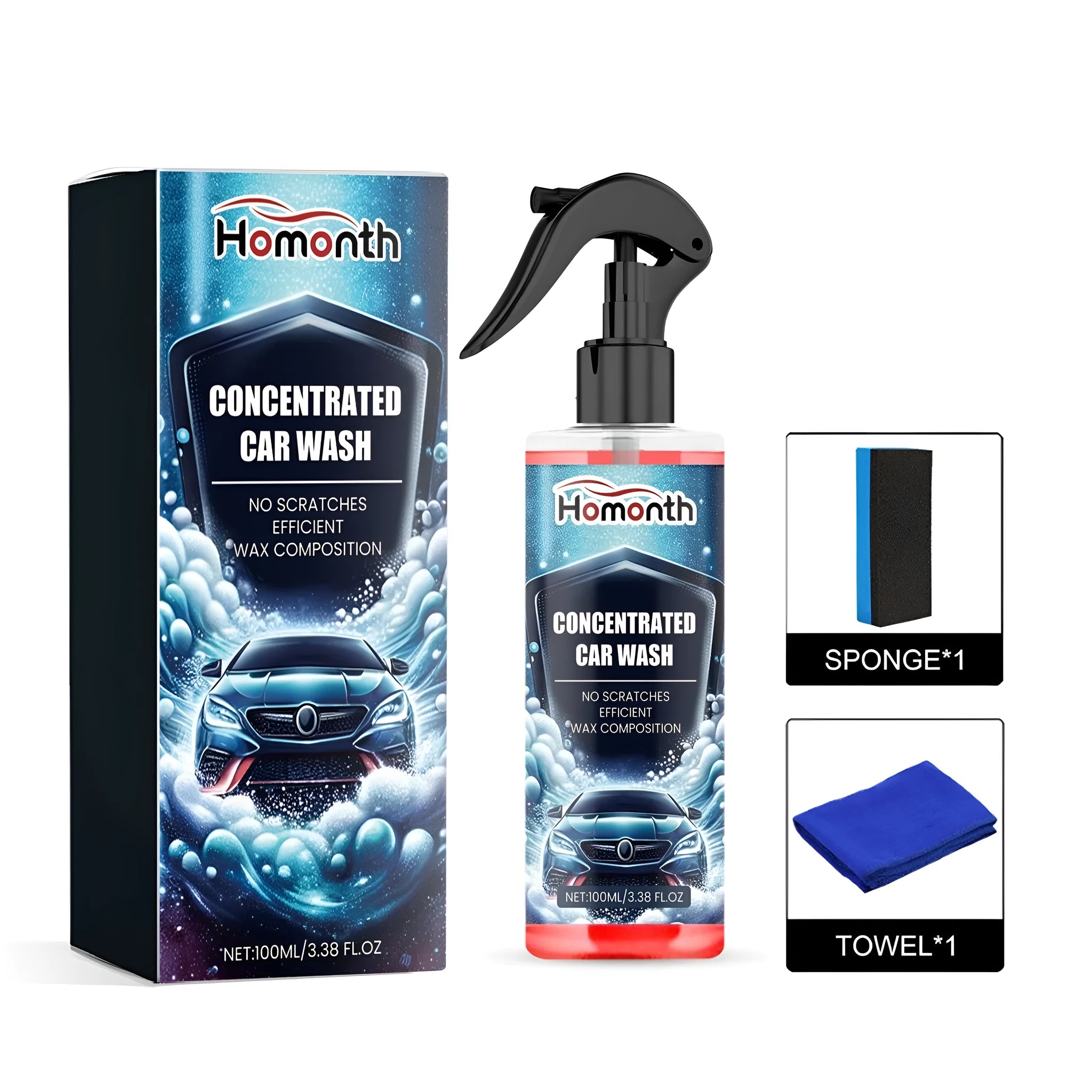 Car exterior cleaner kit with bottle, sponge, and microfibre cloth for vehicle cleaning