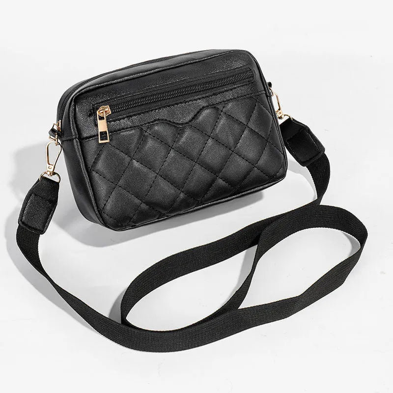 Ladies' single-shoulder embroidered crossbody small square bag in soft PU with diamond grid, 3D pocket, and file pocket.