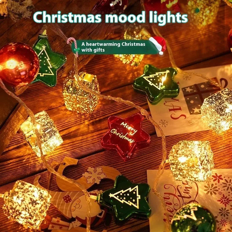 Electroplated ball fairy lights with heart-shaped metallic ornaments for Christmas tree decoration