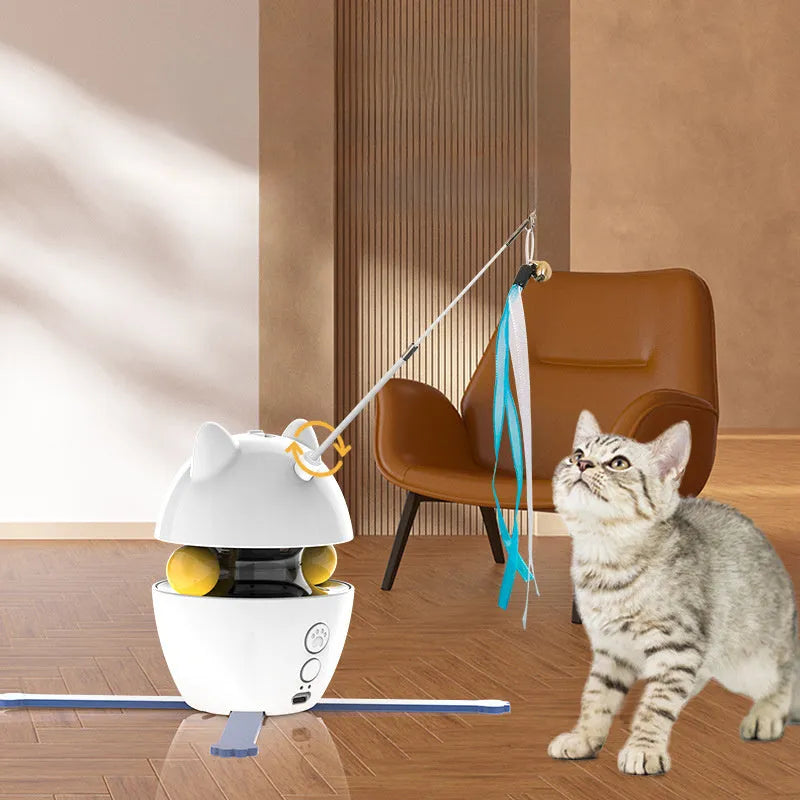 Automatic rotating electronic cat toy with feather teaser on an elastic rope, suitable for indoor cats
