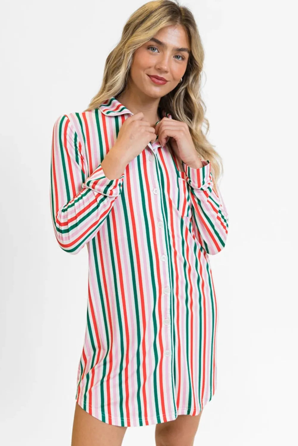 Women's striped Christmas long-sleeved dress in pink stripes made of polyester fibre