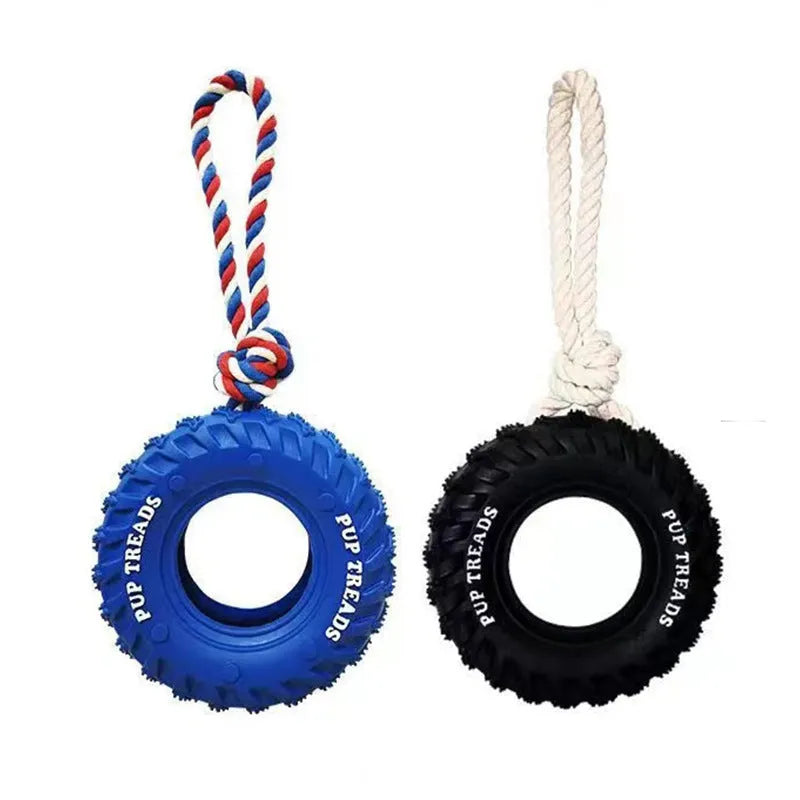 Durable natural rubber dog chew toy for aggressive chewers, tire design, large 35cm size, black