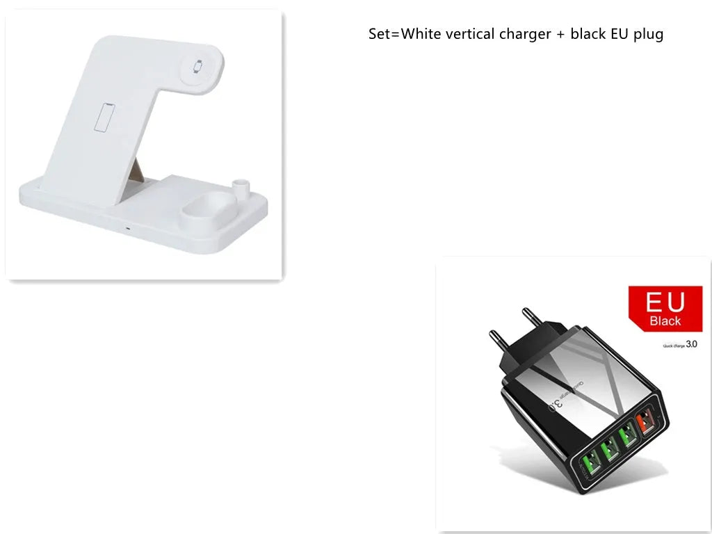 Black 4-in-1 wireless charging station with phone on adjustable stand, charging Apple Watch, AirPods, and Apple Pencil.
