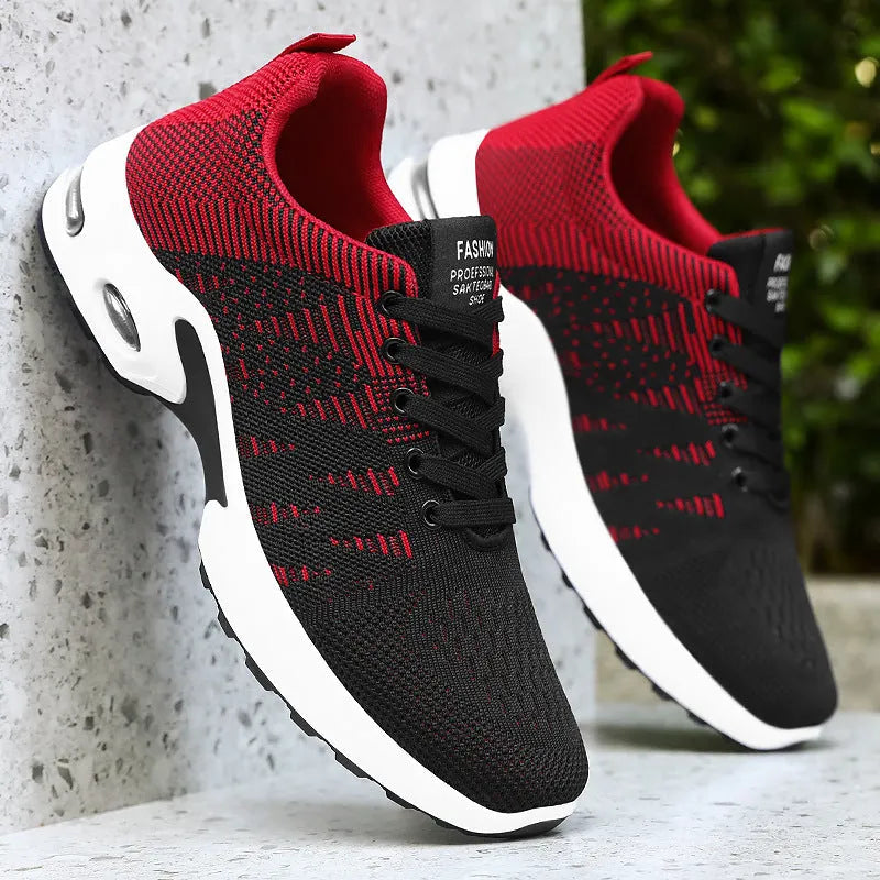 Men's low-top black and grey casual sneakers with breathable mesh upper and flat sole