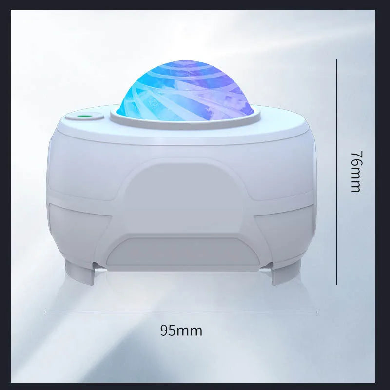White swirl moon full star laser atmosphere lamp with remote control on a table