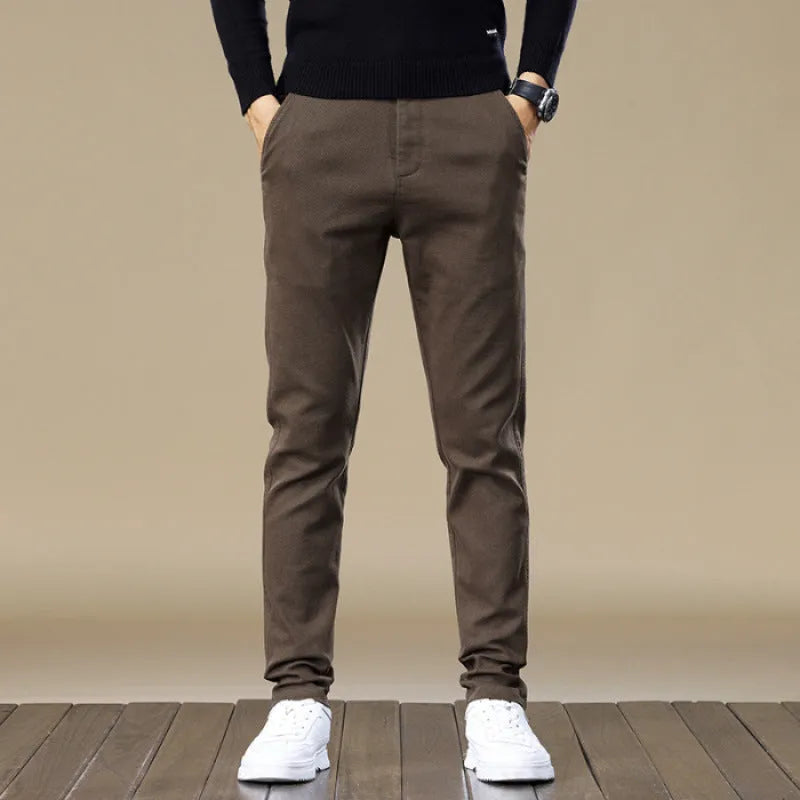 Men's fleece-lined slim fit tapered casual pants in black cotton fabric