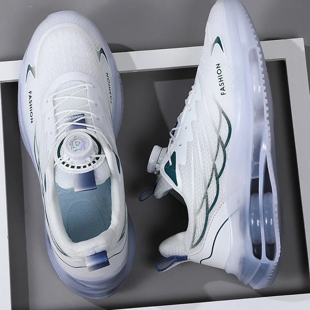 Men's white Korean style mesh casual sneakers with rotating button lace-up and rubber sole.