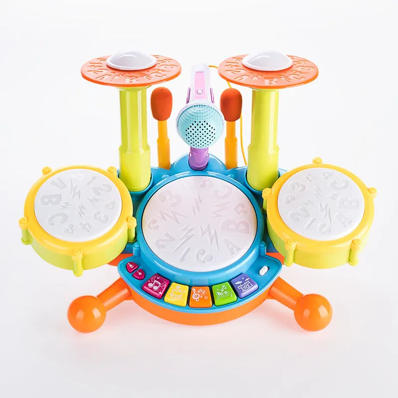 Yellow plastic hand tapping electronic drum toy for infants 0-3 years white box packaging