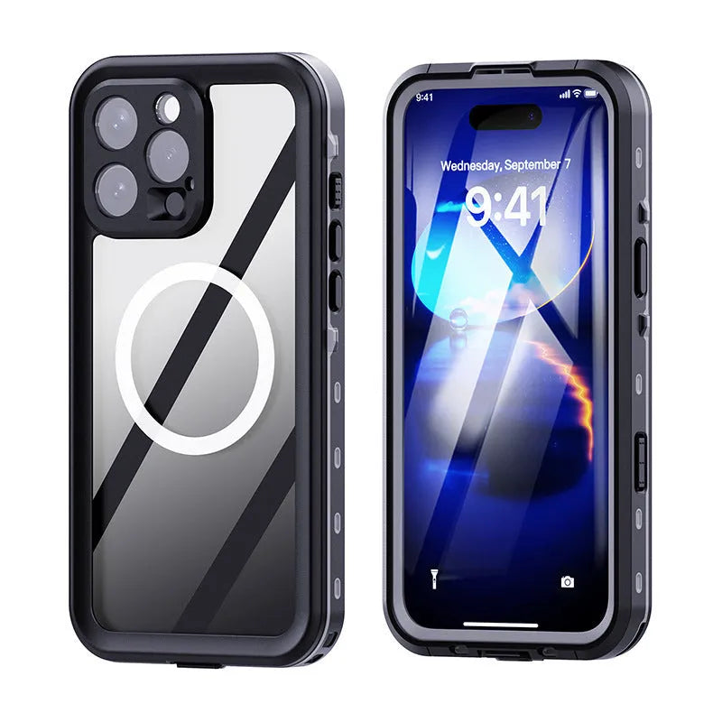 Waterproof anti-fall phone case for iPhone 16 in black dark gray, black red and black grass blue, made from PC, TPU and PET.