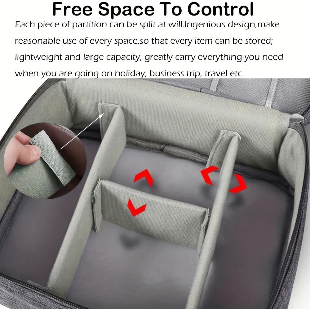 Black and grey waterproof travel cable organiser bag open, showing mesh pockets and removable padded dividers inside.