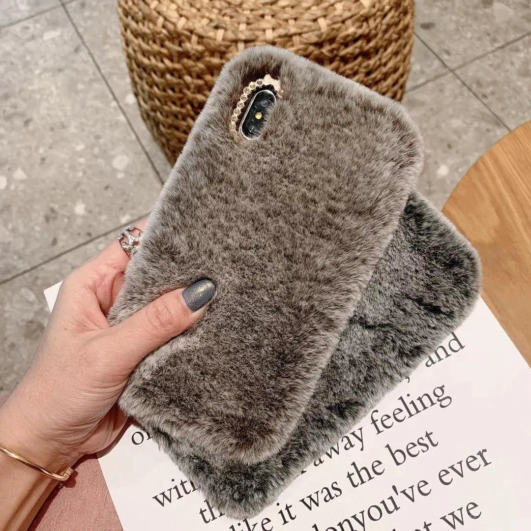 Rabbit hair silicone iPhone case with rhinestone detail and soft plush bottom shell in grey, brown, or pink colour