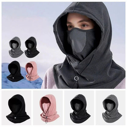 Versatile winter sports mask and hood made of soft, breathable fleece with adjustable drawstring for customized fit