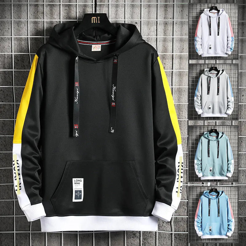 Men's casual printed loose long sleeve hooded top in polyester, letter pattern, sizes M-4XL