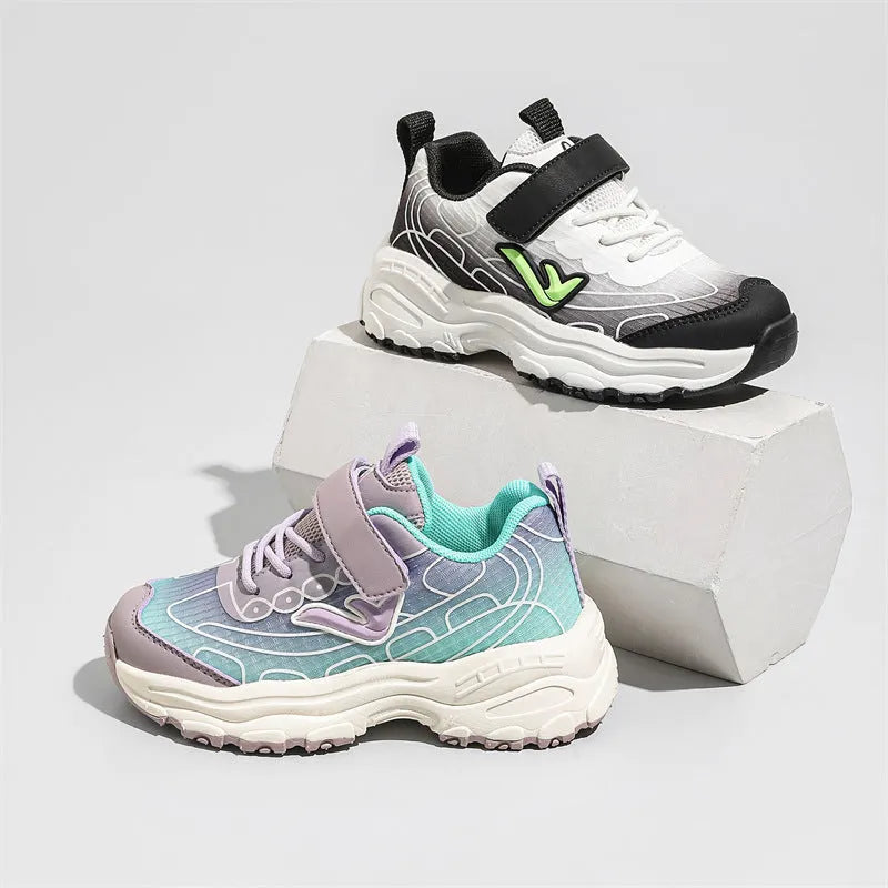 Black and purple striped children's lace-up sneakers with a mesh upper and rubber sole.