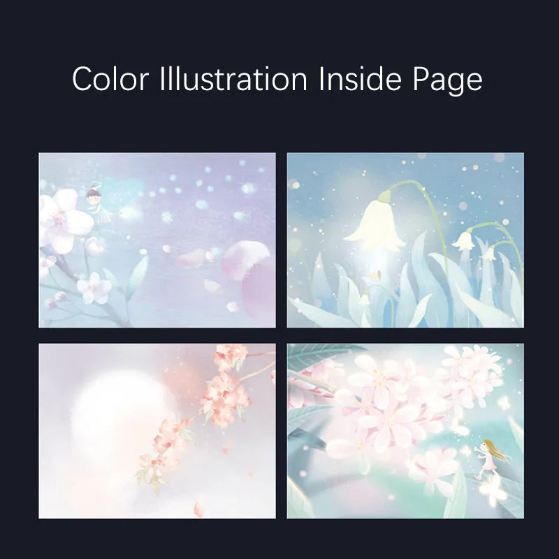 A5 notebook with a luminous cover open to show pages with colour illustrations.