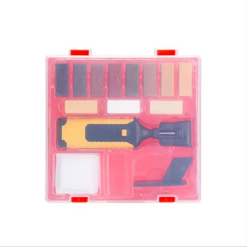 Red and yellow handle floor repair tool with wax colour sticks for DIY tile restoration