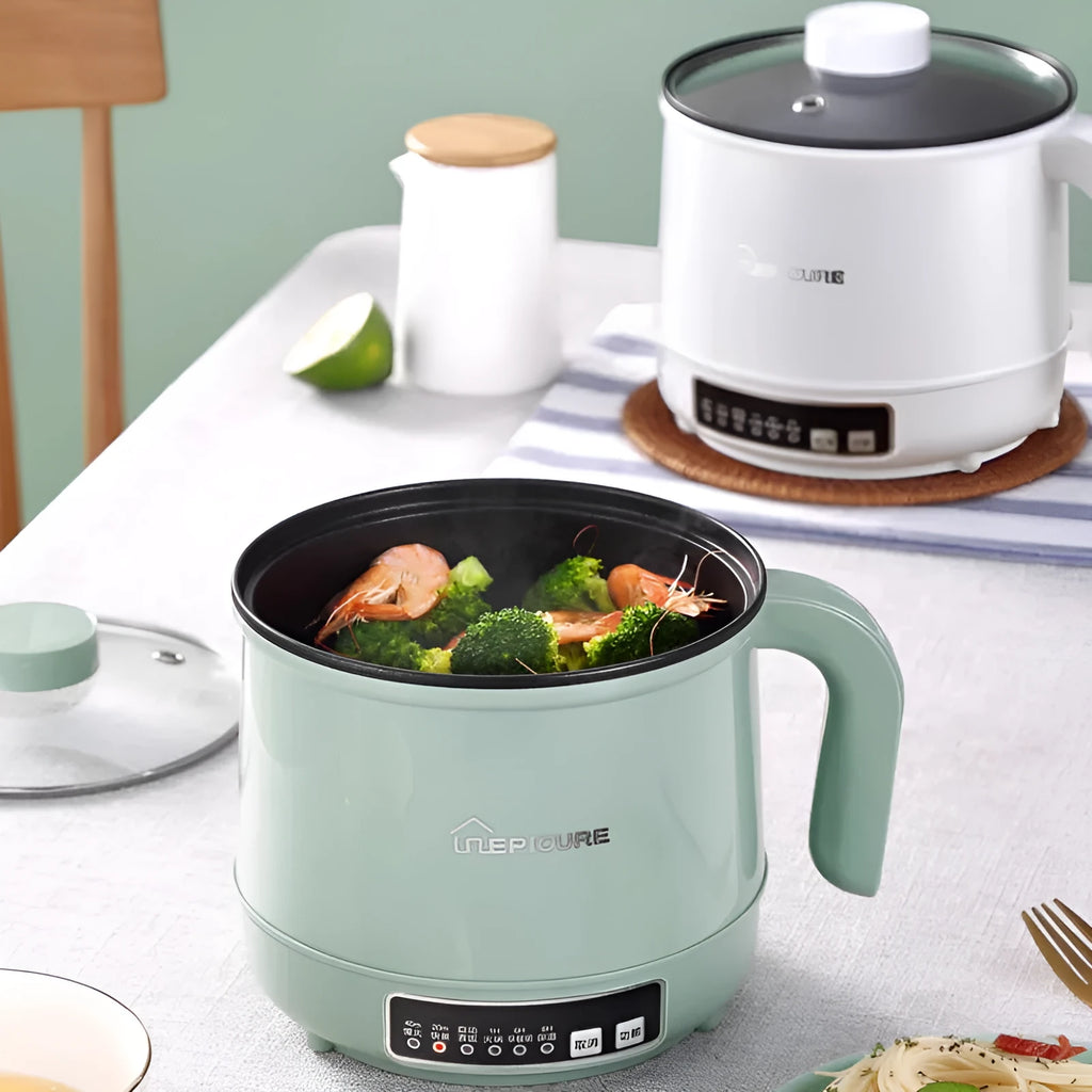 Multi-functional electric cooker 1.7L 450W with anti-dry burning, conjoined design, green or white colour options.