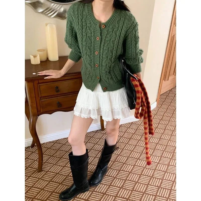 Women's thick needle twisted texture knitted cardigan in solid colour, short 40cm length, front view