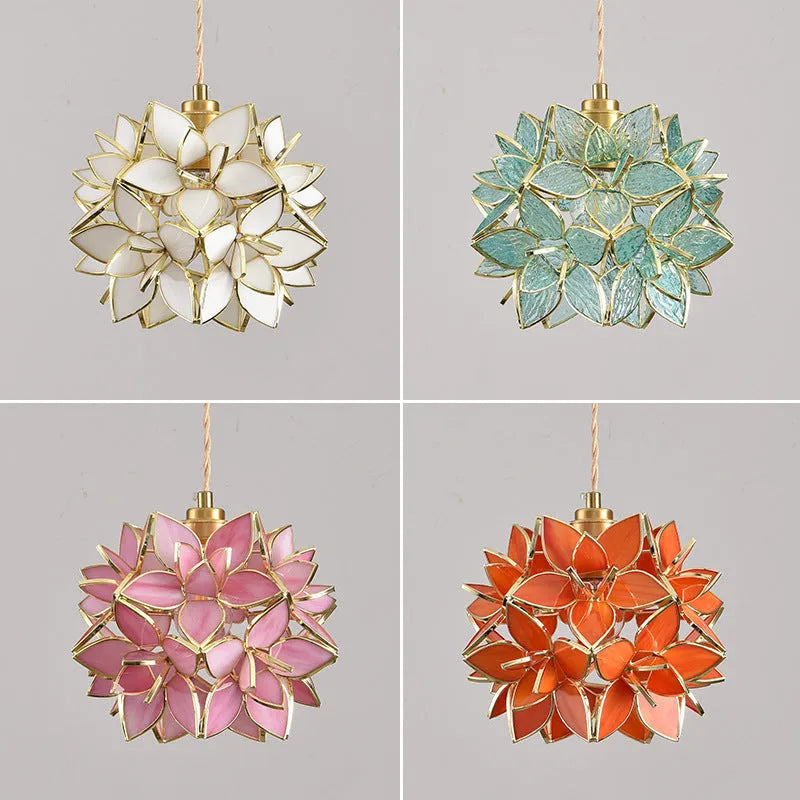Stained glass hanging chandelier with copper lamp head in one of five colour options