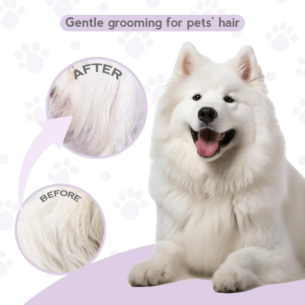 Purple pet grooming comb with stainless steel long and short teeth on a wooden surface.