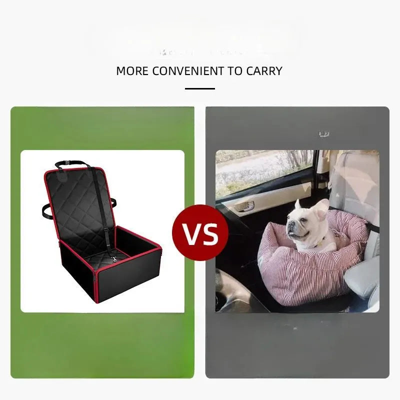 A black non-slip car pet pad for dogs placed on a grey car front seat.