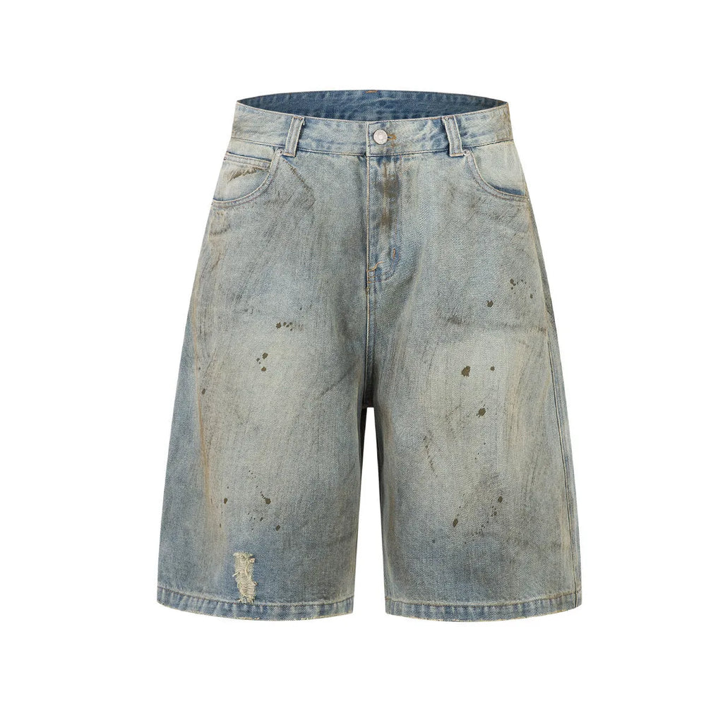 Blue washed straight-leg cropped denim jeans with zipper fly on mannequin