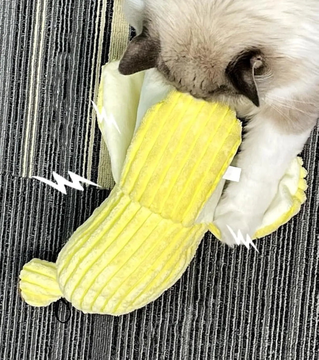 Yellow banana-shaped cat toy with plush fabric and crinkle paper sounds for indoor feline exercise