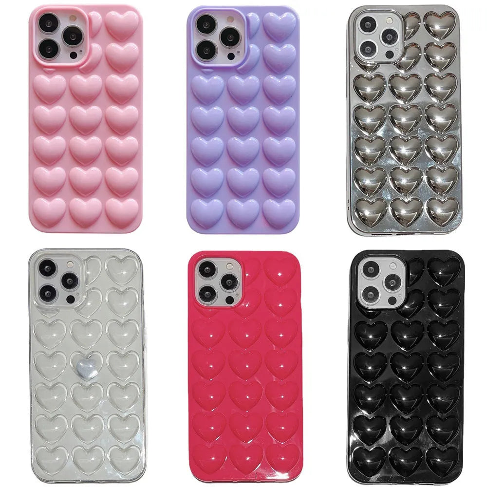 Solid colour 3D heart iPhone case in TPU, back cover style with fall protection, shown for iPhone models