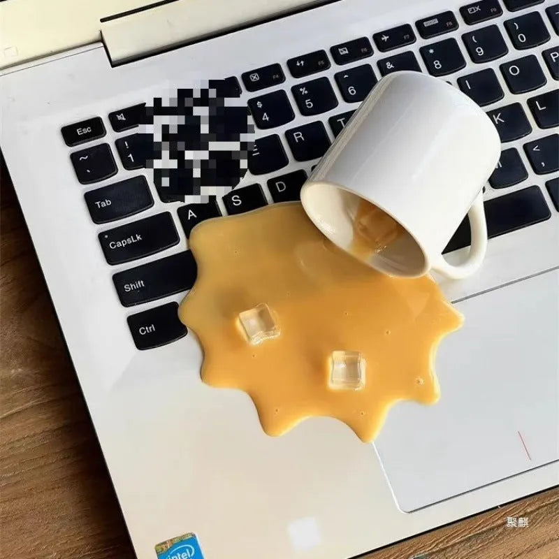 Overturned coffee decoration toy phone holder in macchiato colour on desk with plastic stent