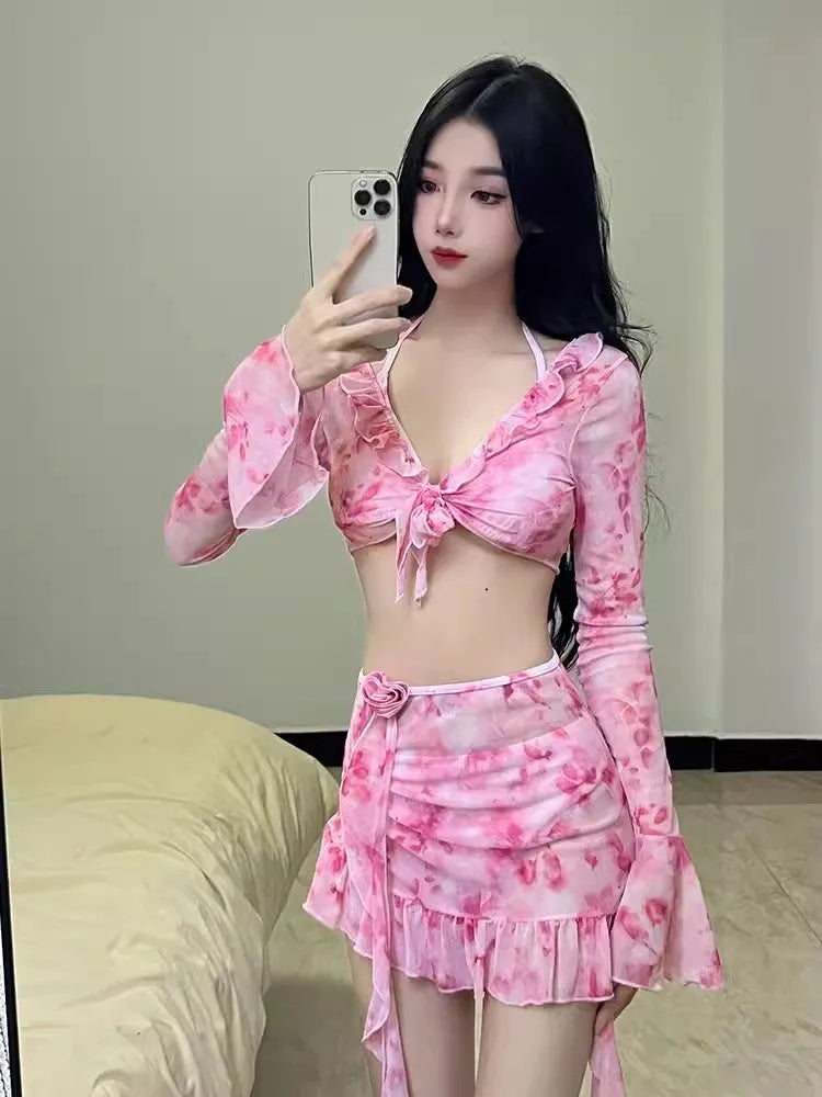 Women's cherry blossom pink floral print bikini swimsuit with coordinated top and bottom