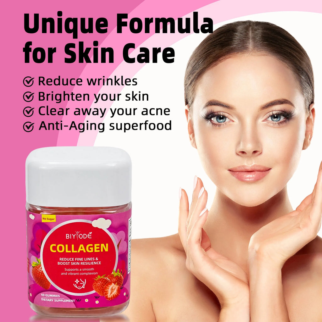 Bottle of strawberry-flavoured biotin vitamin collagen gummies for hair skin and nails health