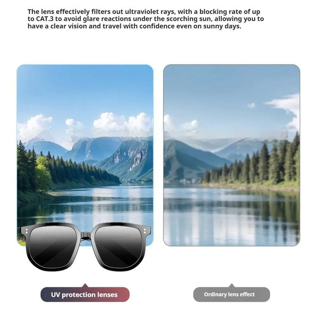 Black AI smart glasses with Bluetooth audio and touch controls on the frame.