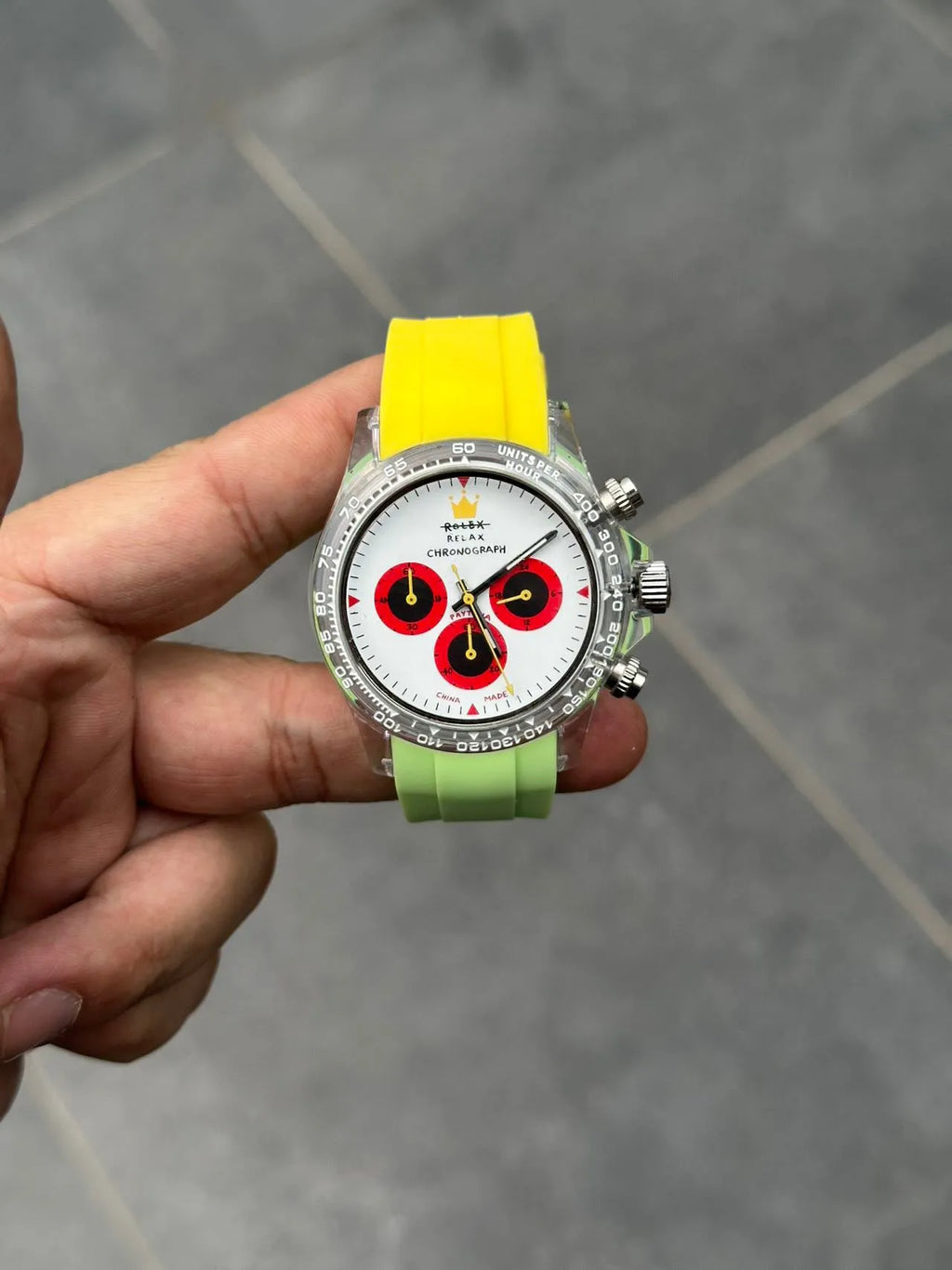 Panda Palette quartz chronograph watch with 36mm dial, steel strap, and luminous white dial