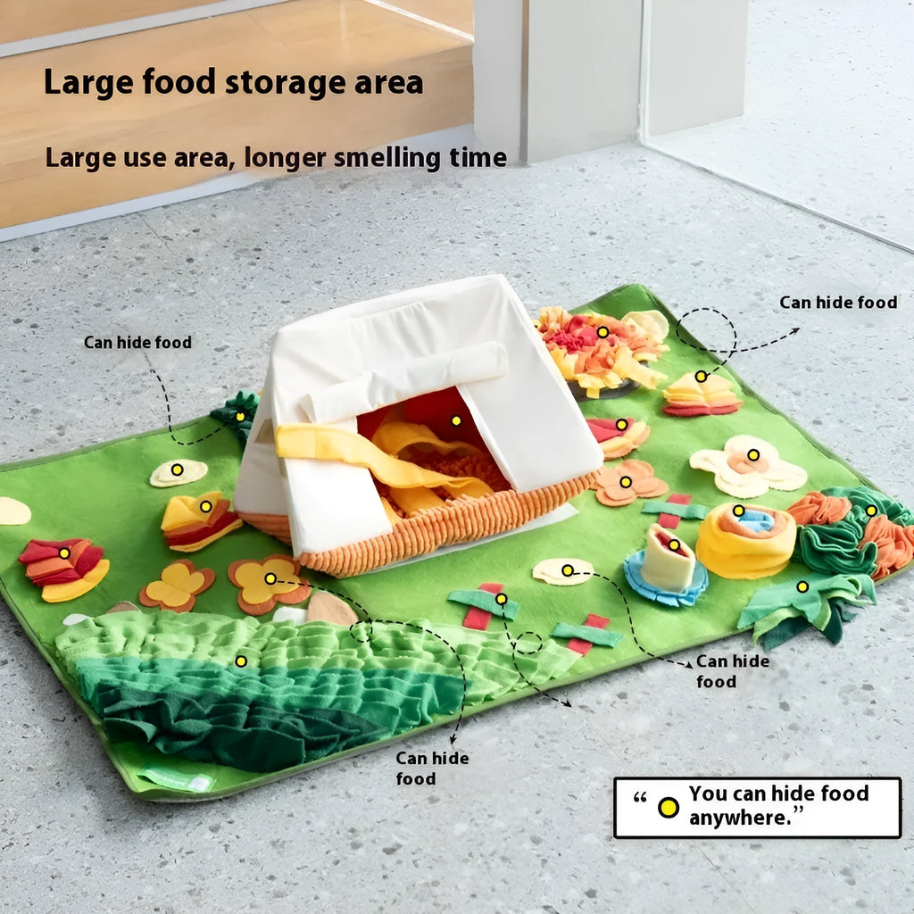 Garden camping theme dog sniffing mat with folds for hiding treats on a plastic fabric surface.