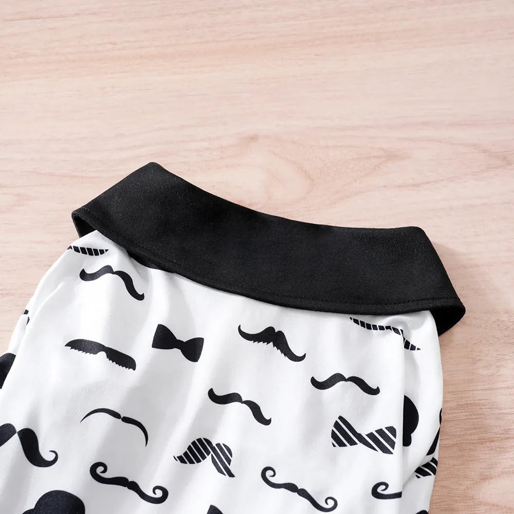White gentleman beard style dog outfit on a small dog, showing the polyester fabric and casual design.