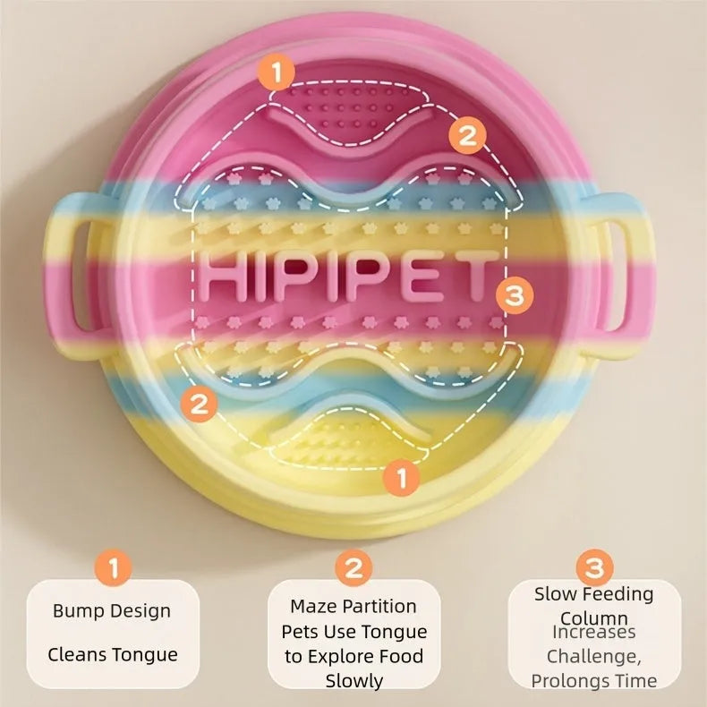 Colourful silicone slow food bowl with double-ear handles and maze interior for dogs and cats