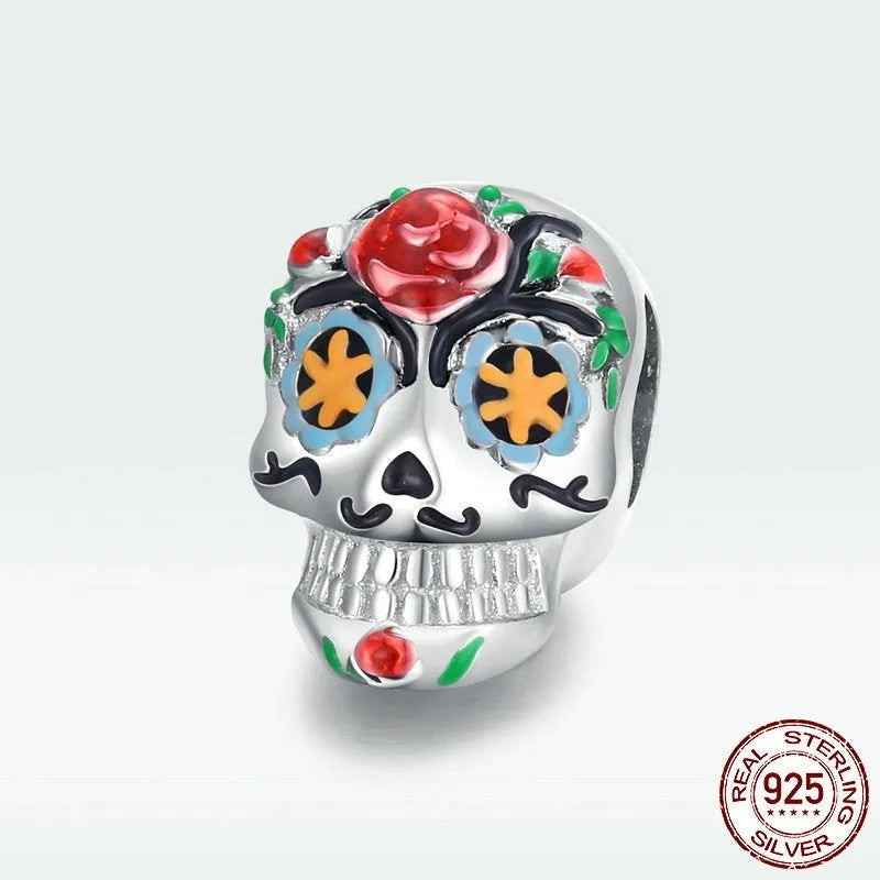 S925 silver Halloween skull bead with platinum plating and oil drip finish, 1.3x0.8cm, silver only