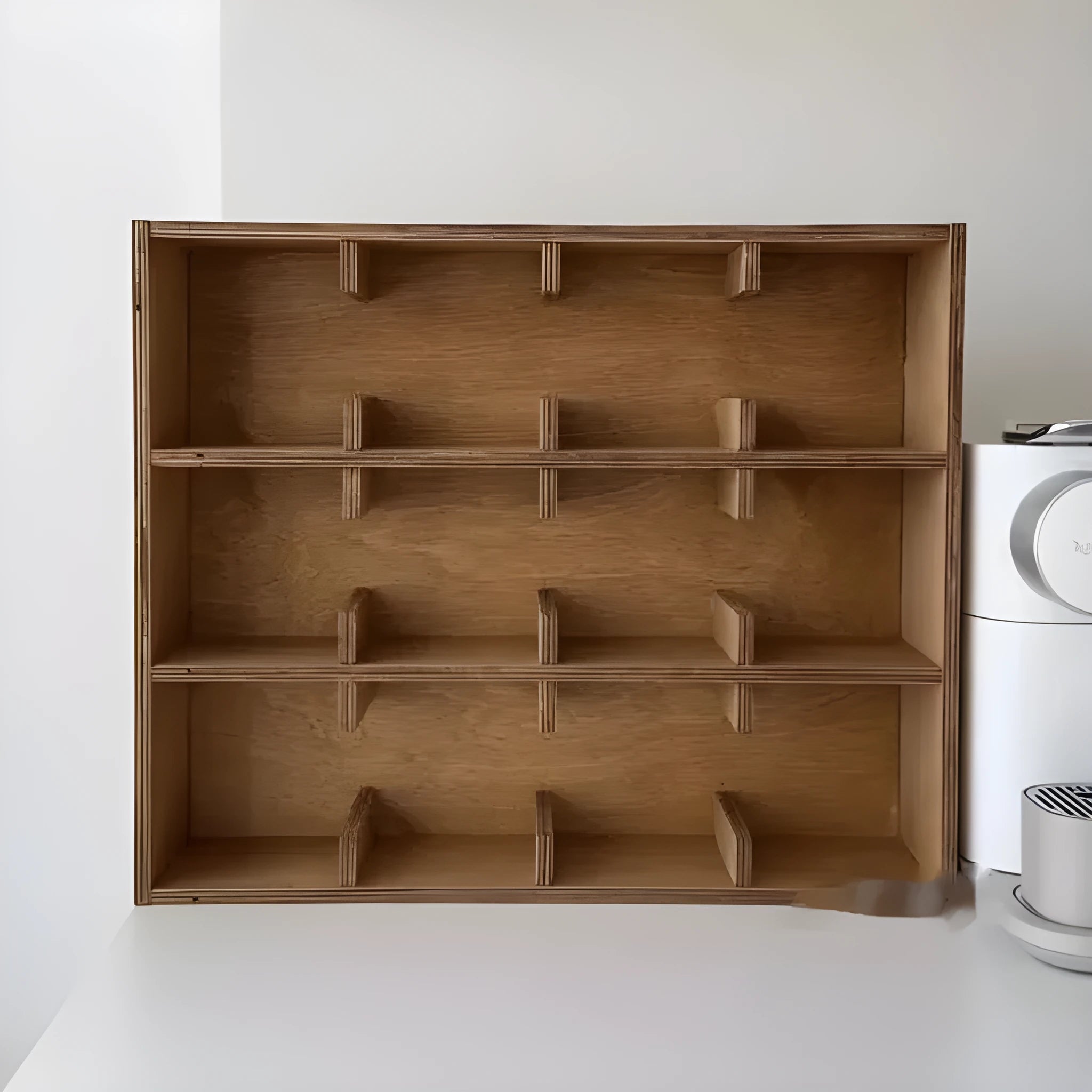 Square solid wood cup storage rack with multiple grids in natural birch wood colour.
