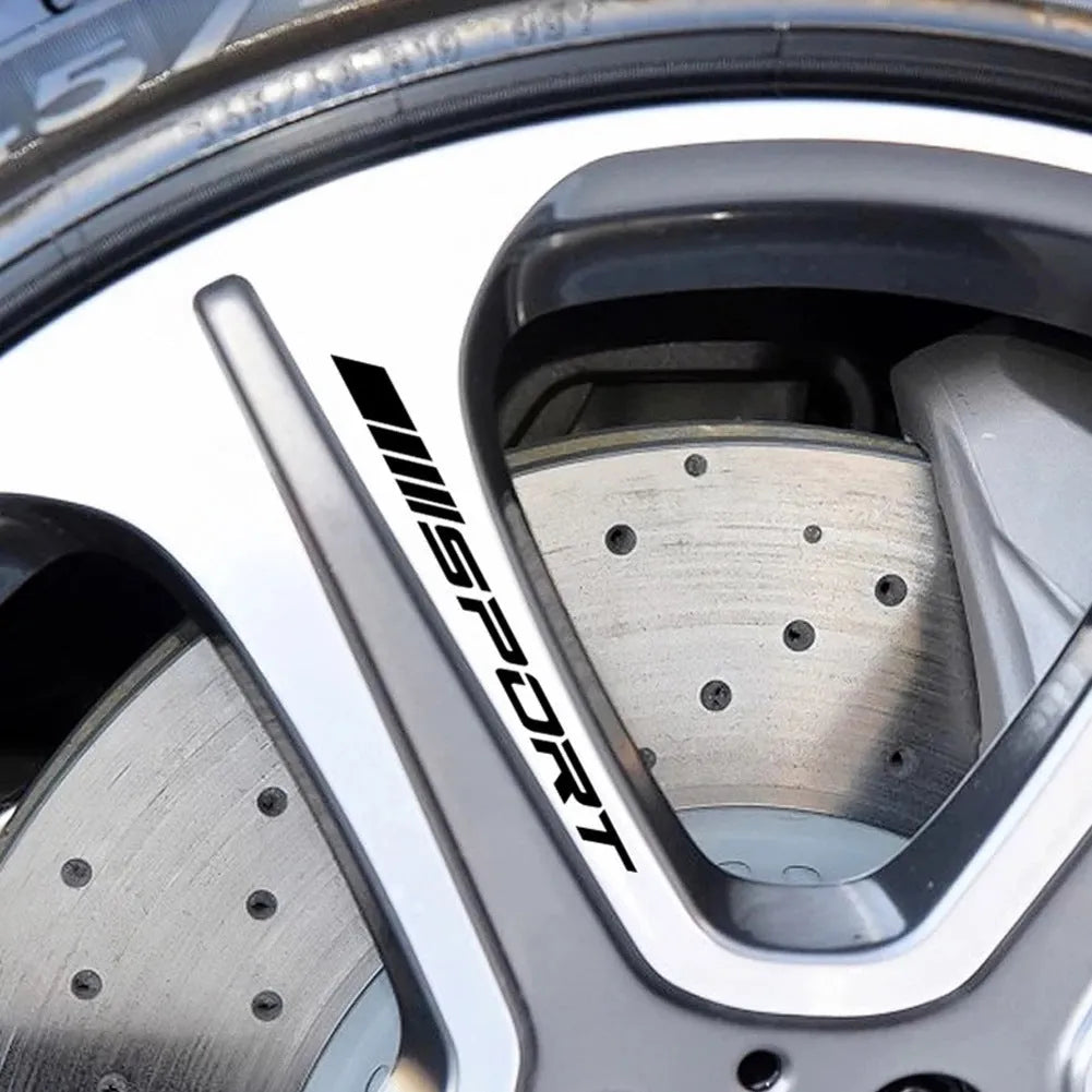 Hollow sports design car rim sticker in red, black, or white for wheels and handles.