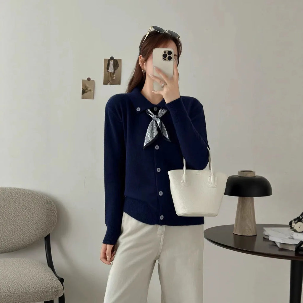 Lapel scarf sweater cardigan with long sleeves and splicing design in milky white colour