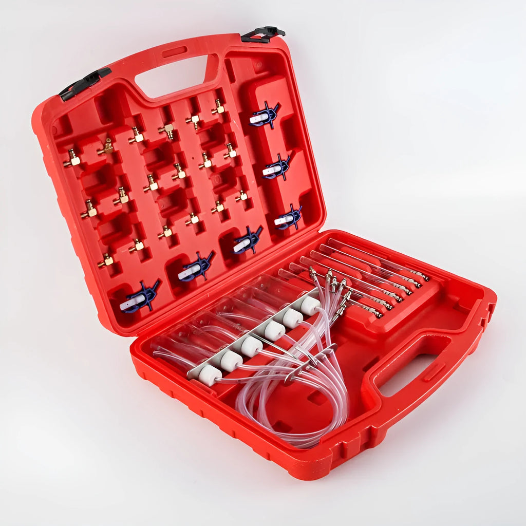 Fuel injection flow meter diagnostic tool with brass components for automotive workshop testing