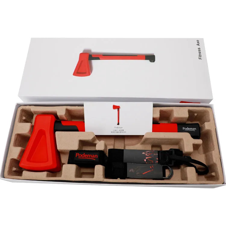 Red plastic axe-shaped muscle trainer for home fitness and strength workouts.