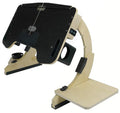White maple folding wooden desk with adjustable angle, shown open on a bed with a laptop.