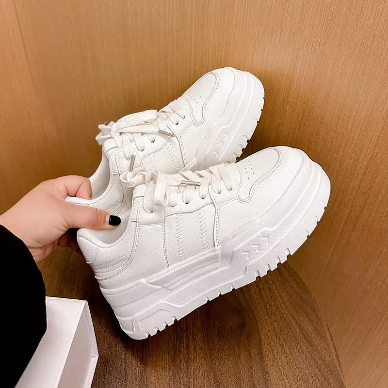 White platform height increasing lace up sports board shoes for women, low top cowhide, 6-8cm heel