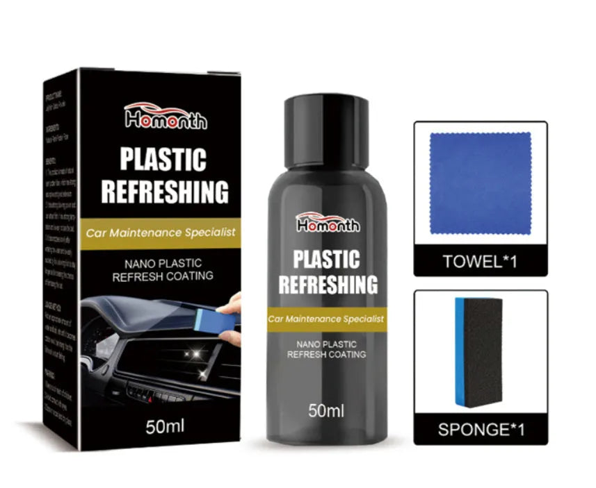 Nano plastic refresh coating kit with spray bottle, applicator sponge, and microfibre towel.