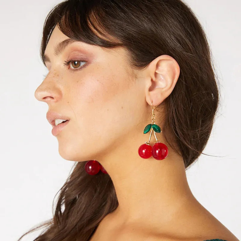 Red plastic cherry earrings with drip oil finish, large size for women