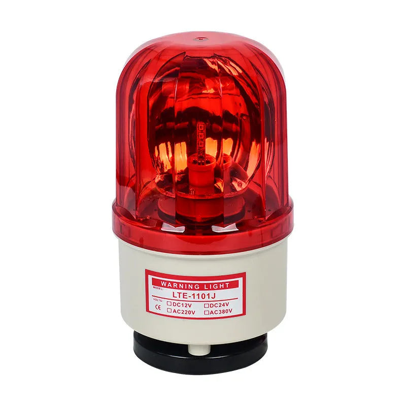 LTE-1101J industrial rotating strobe warning light with sound alarm, shown with red lens.