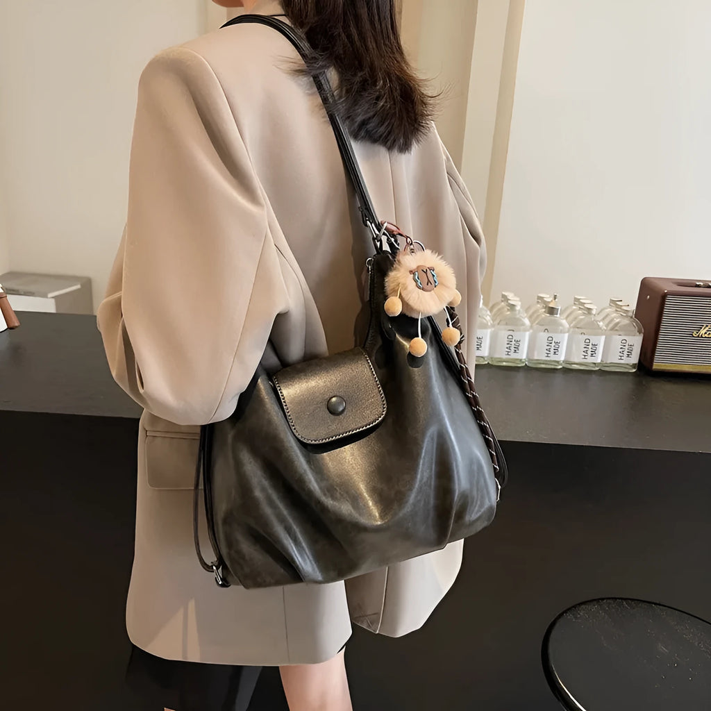 Women's textured PU leather commuter shoulder bag with horizontal design and single strap
